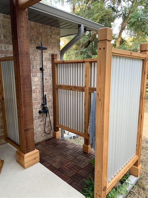 outdoor shower corrugated metal enclosure|homemade outdoor shower panels.